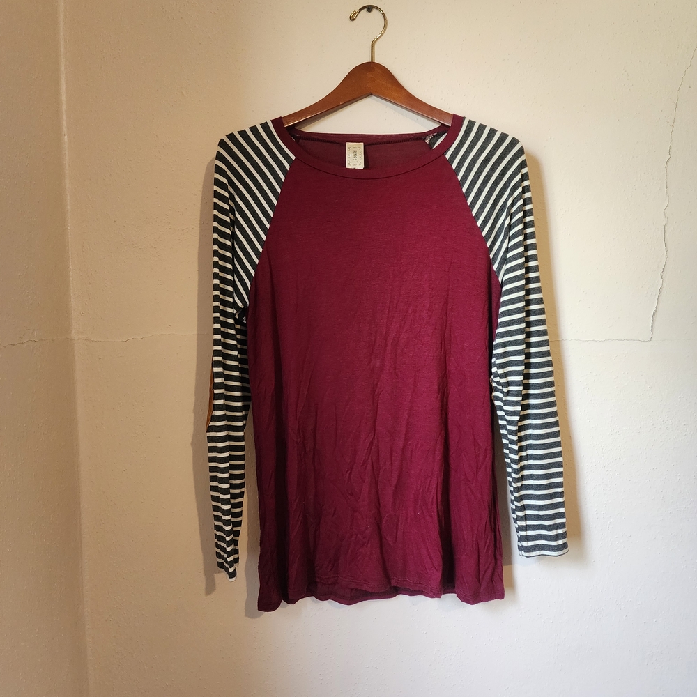 Striped Sleeve Long Sleeve Top - Burgundy and Black
